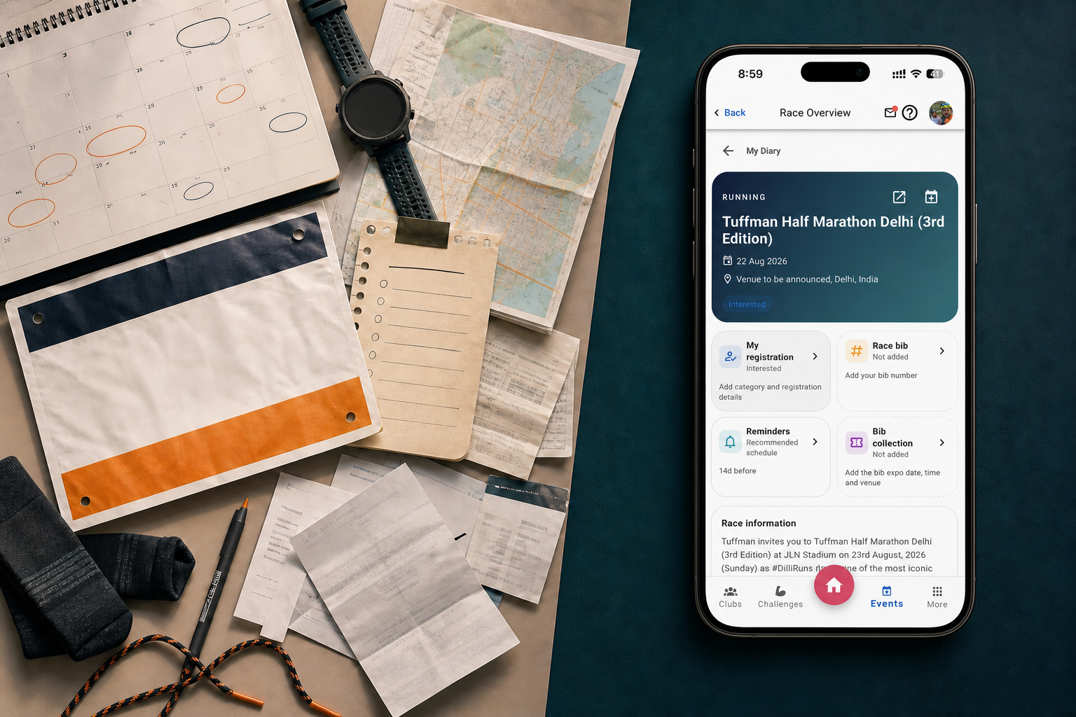 Scattered race-season planning materials beside an iPhone consolidating registration, bib, reminders and collection details in Xfitconnect
