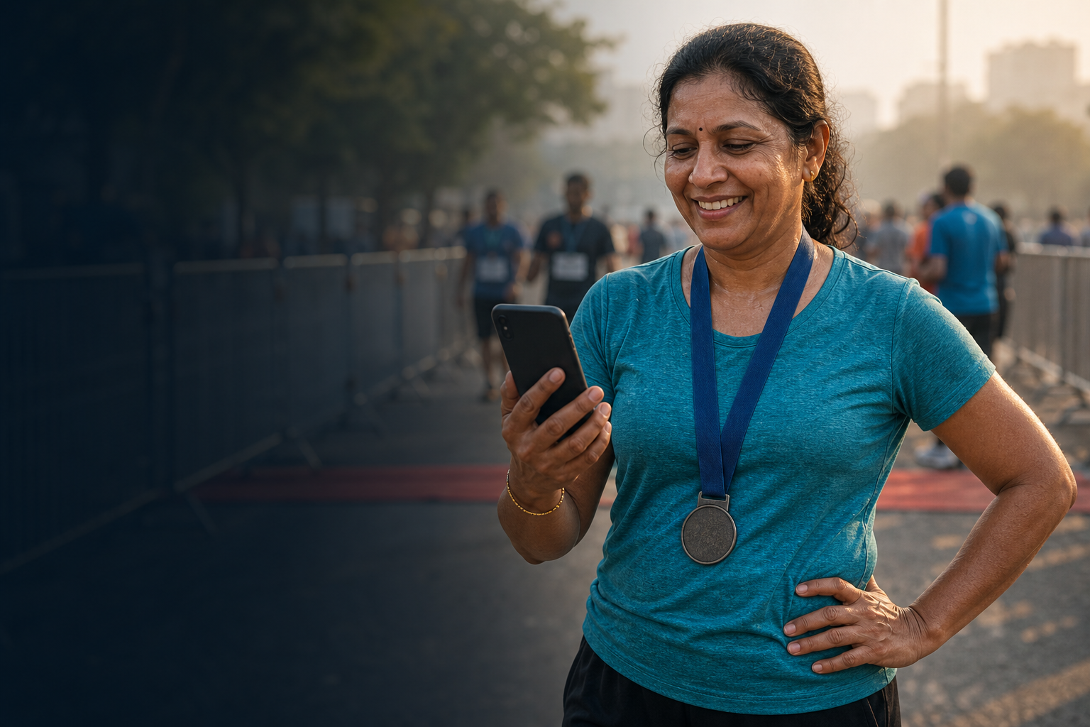 Runner checking a phone after finishing a city road race