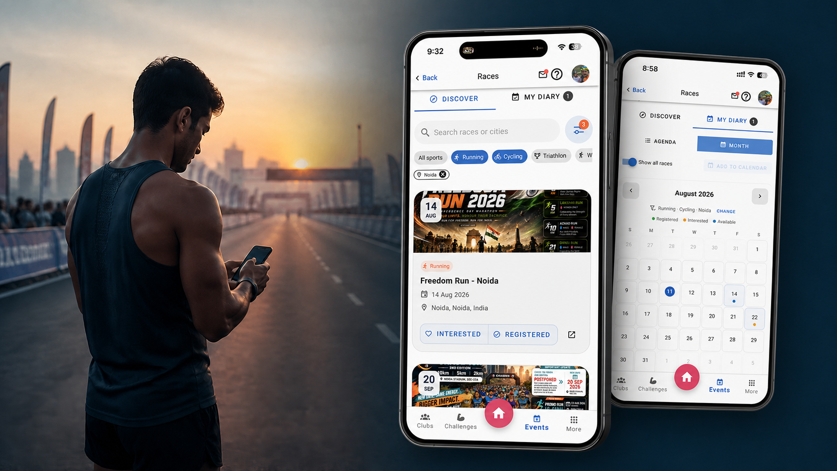 Runner checking a phone at a dawn start line beside Xfitconnect Discover Races and Race Diary calendar screens
