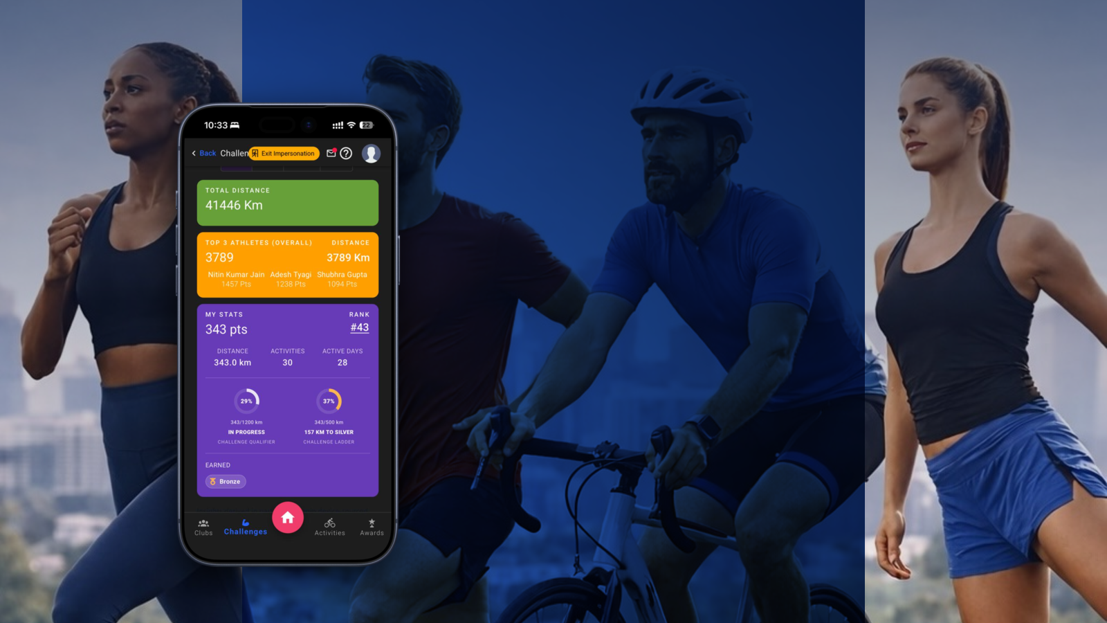 XfitConnect organizer-first challenge platform banner with mobile product screen and fitness community background