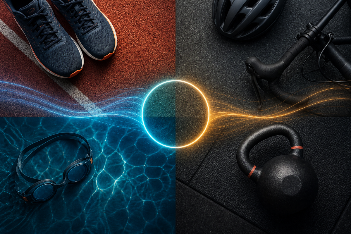 Running, cycling, swimming and strength equipment connected by one shared stream of training effort