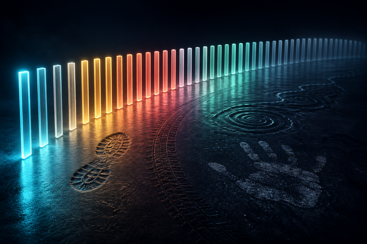 A flowing sequence of illuminated day markers with traces of running, cycling and swimming
