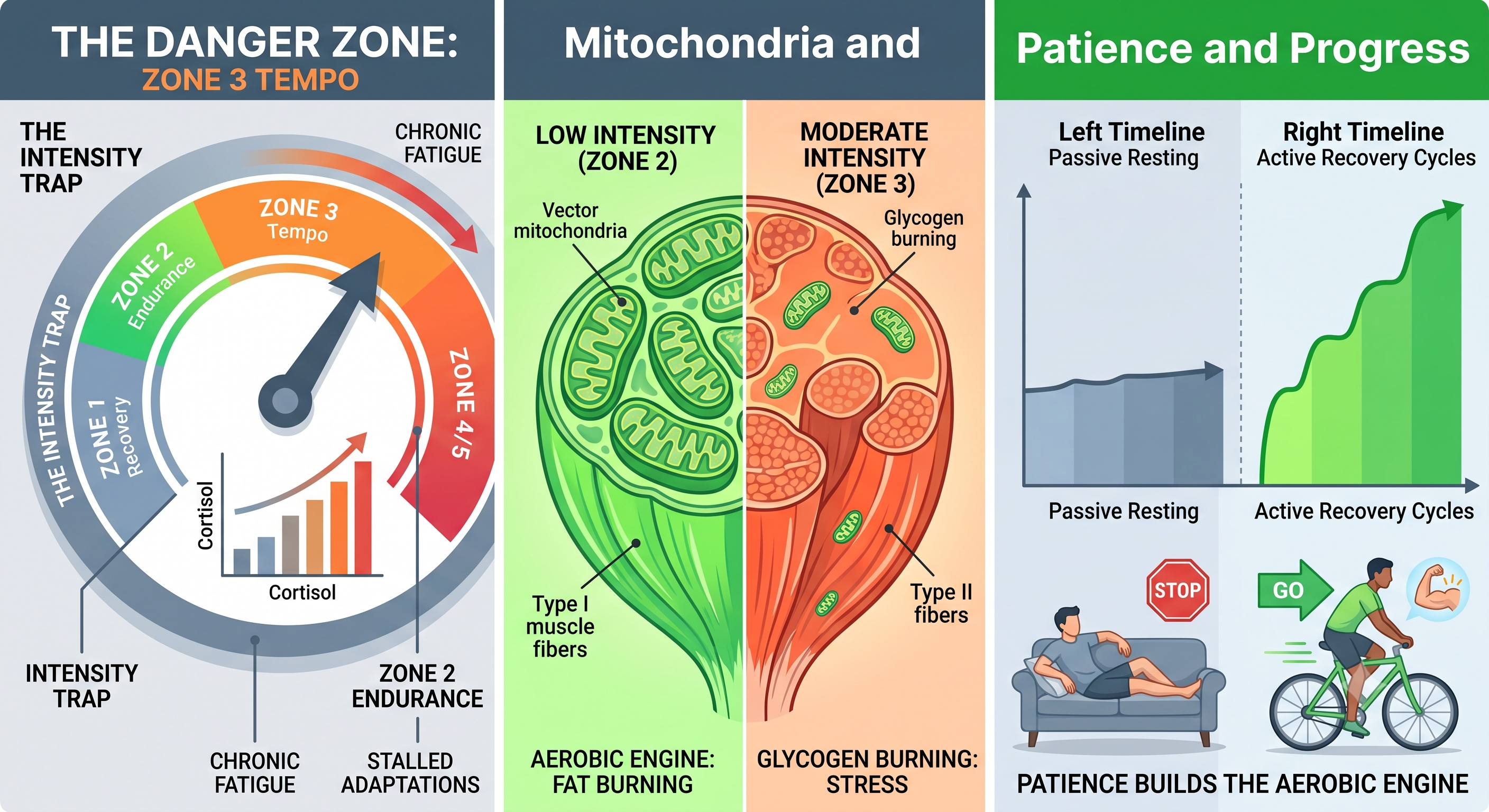 Illustration showing the Zone 3 intensity trap, Zone 2 mitochondria, and aerobic progress from easy training
