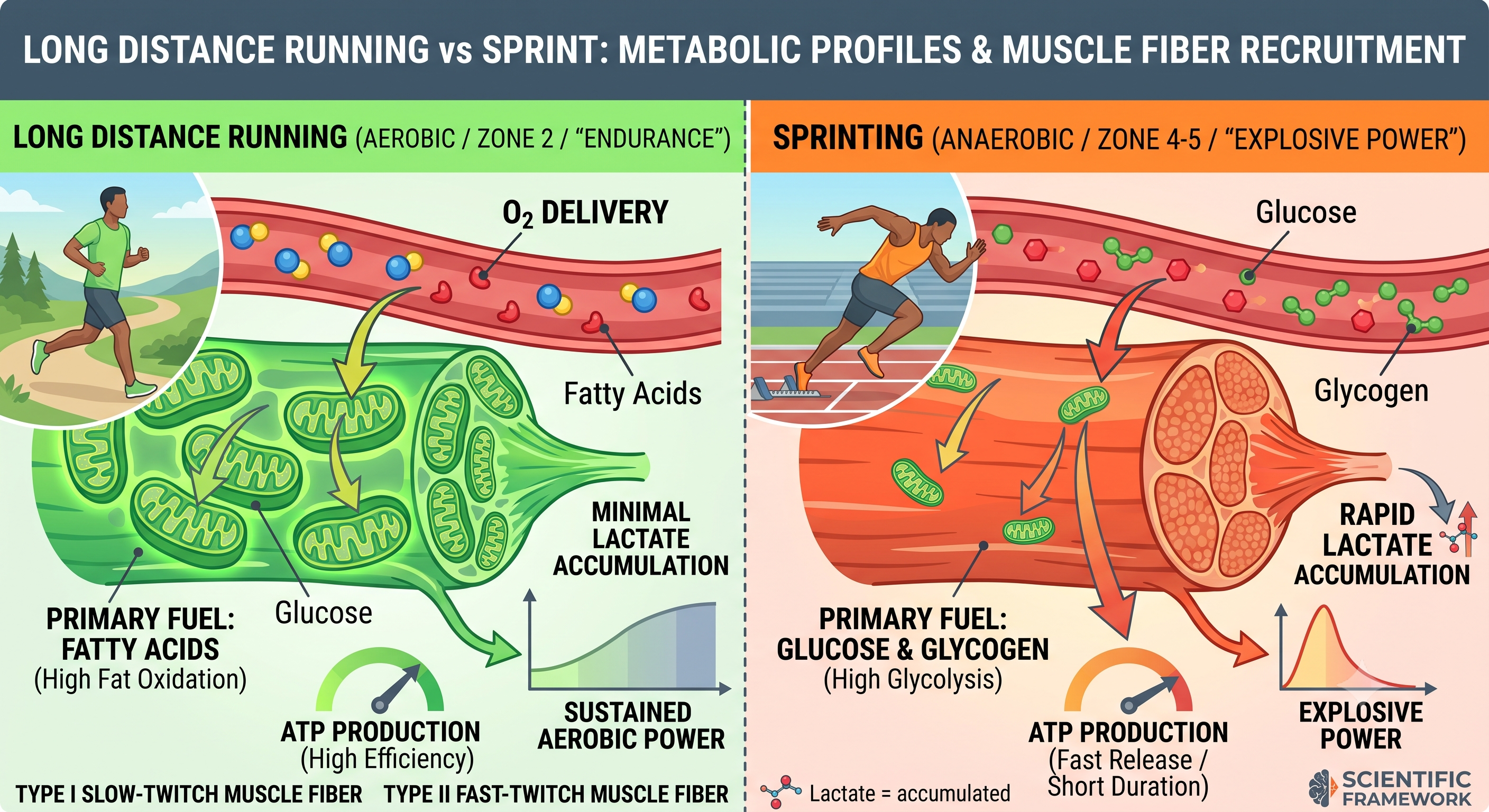 Illustration comparing Zone 2 endurance metabolism with sprint metabolism, fuel use, muscle fiber recruitment, and lactate accumulation