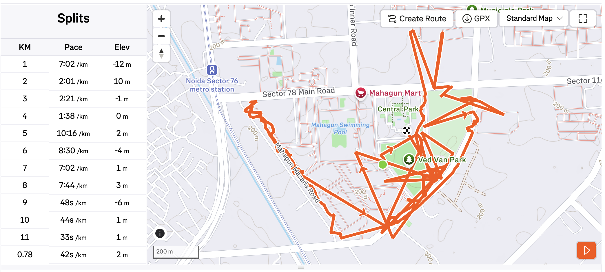 A Strava phone-tracked activity showing severe GPS drift and impossible split paces