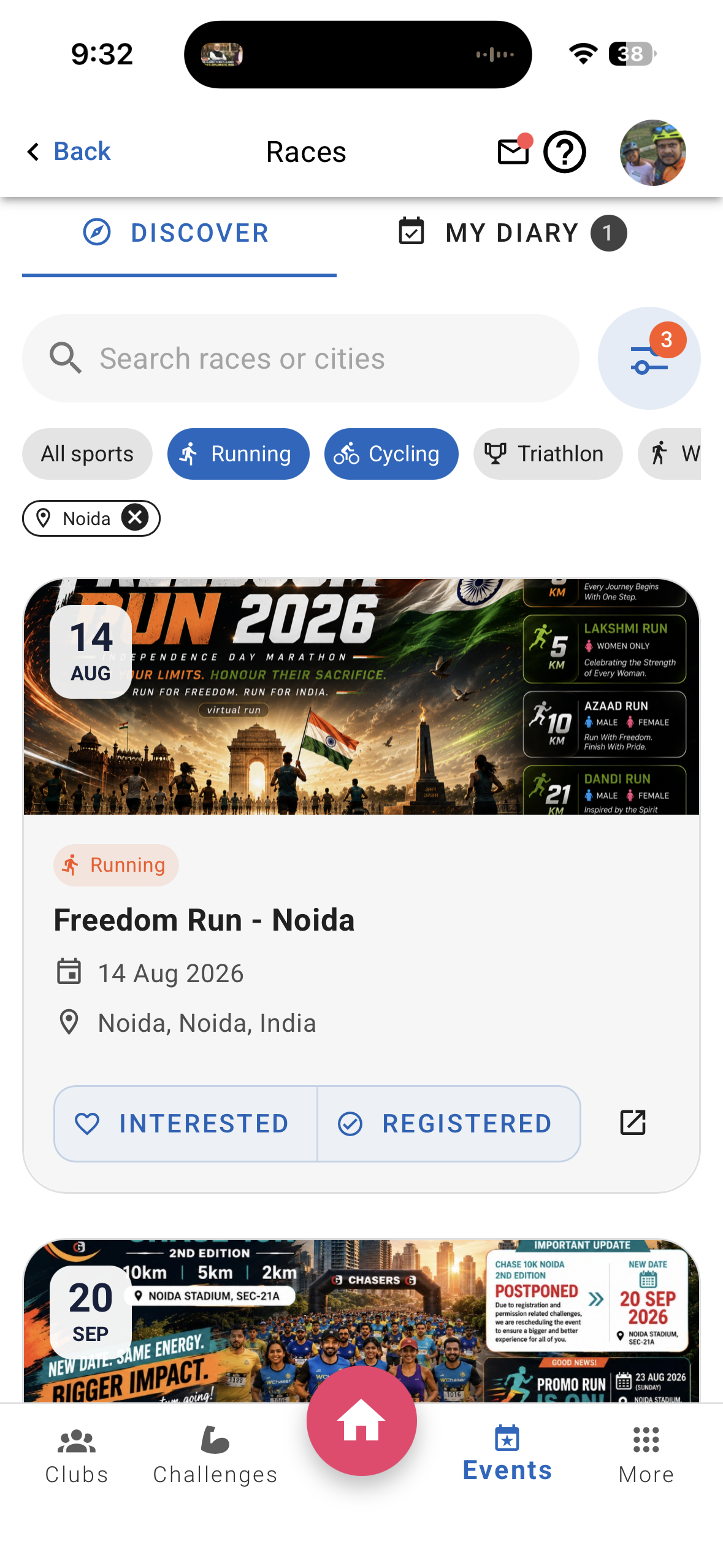Xfitconnect Discover Races screen with search, sport filters and upcoming event cards