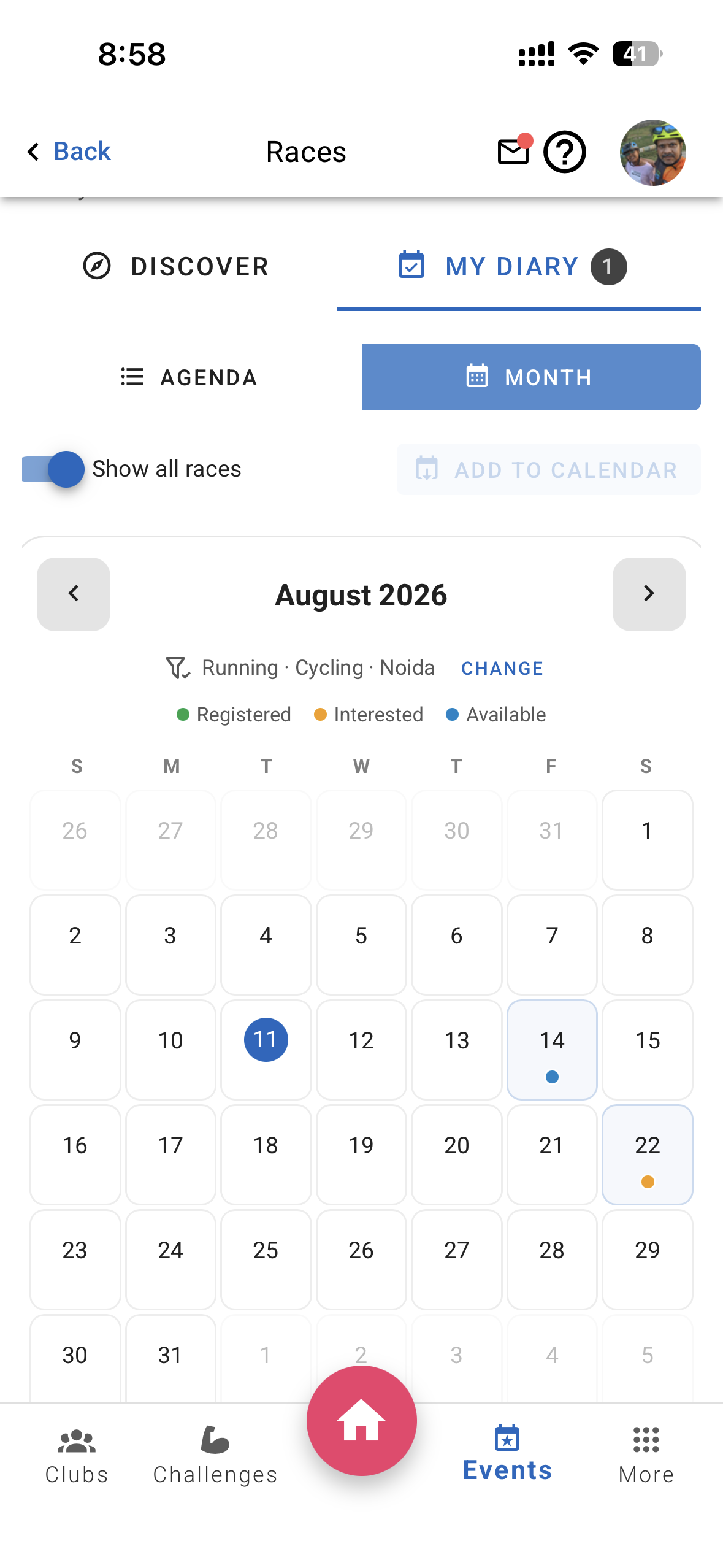 Xfitconnect Race Diary month calendar showing Interested and available races