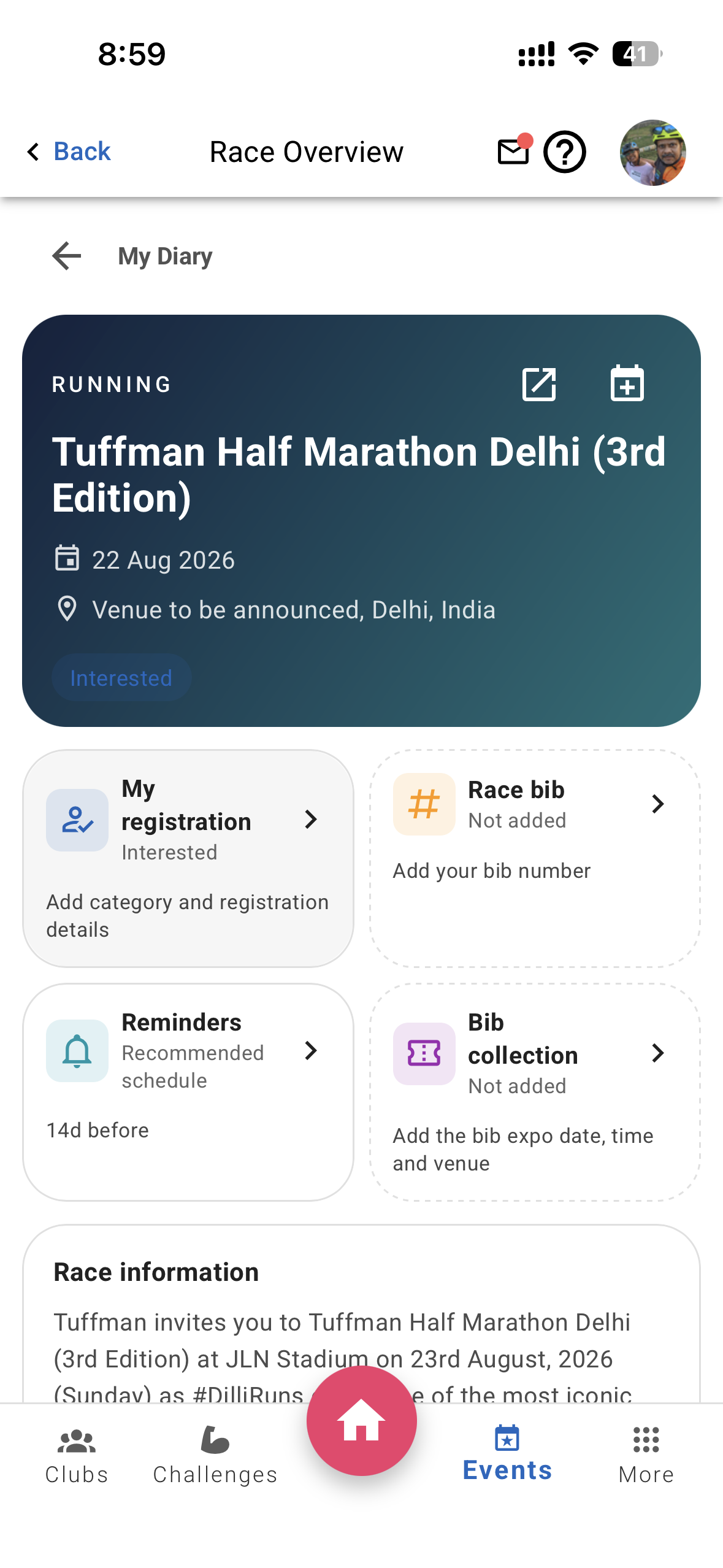 Xfitconnect Race Overview with registration, race bib, reminder and bib collection cards